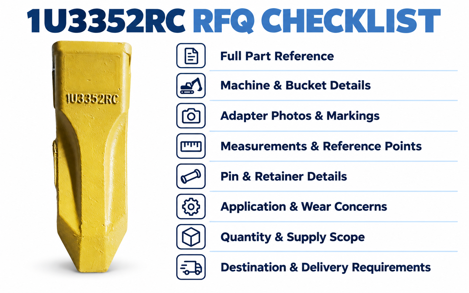 RFQ checklist for sourcing 1U3352RC bucket teeth, including adapter details, measurements, hardware and supply scope