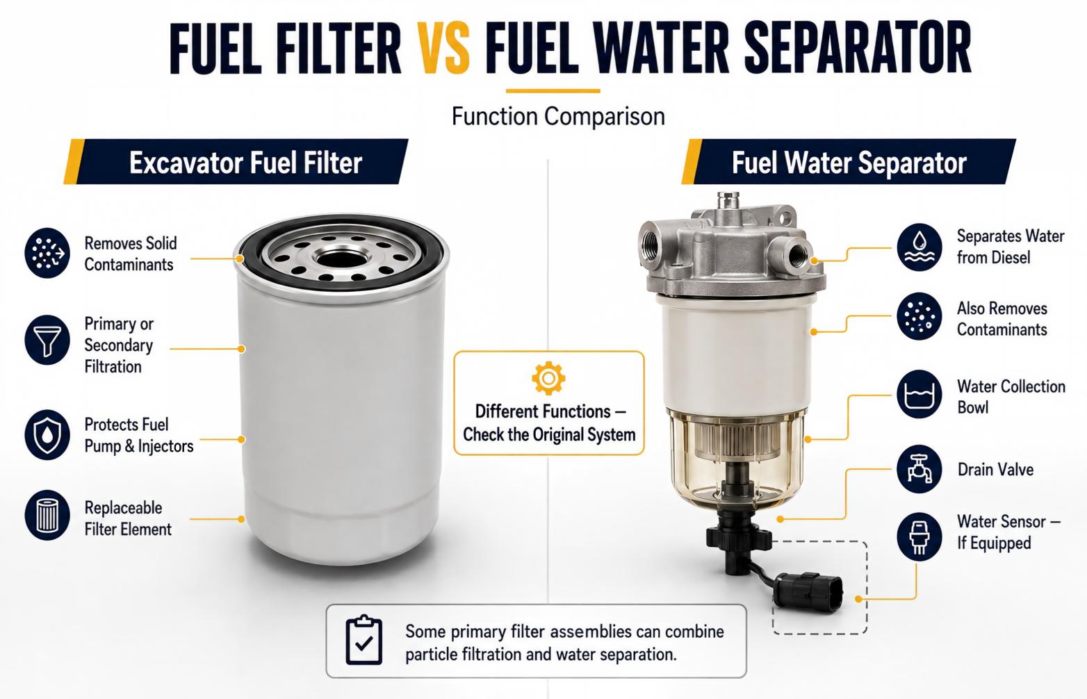 Differences between excavator fuel filter and fuel water separator