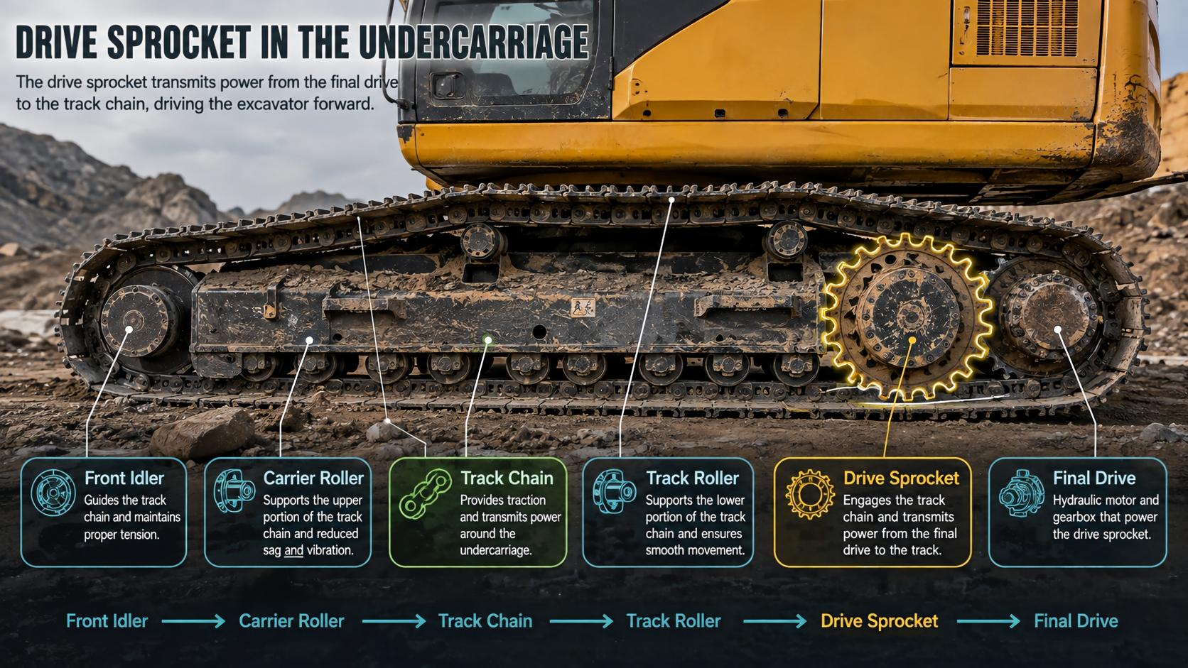 Excavator drive sprocket location in crawler undercarriage