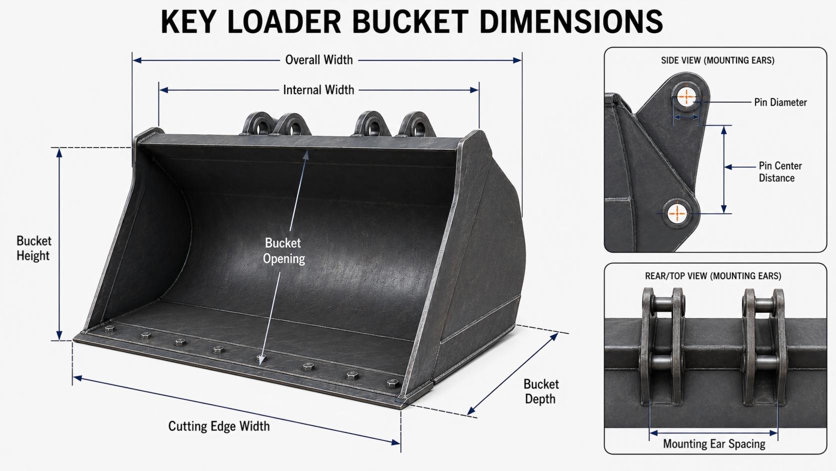 Loader bucket dimensions showing width height depth and mounting measurements