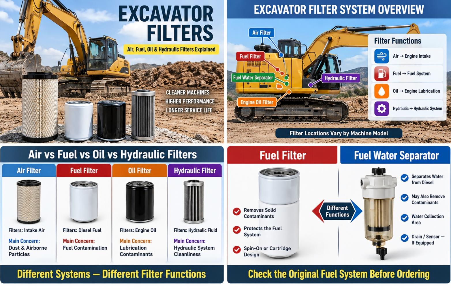 Excavator fuel filter and fuel water separator function comparison