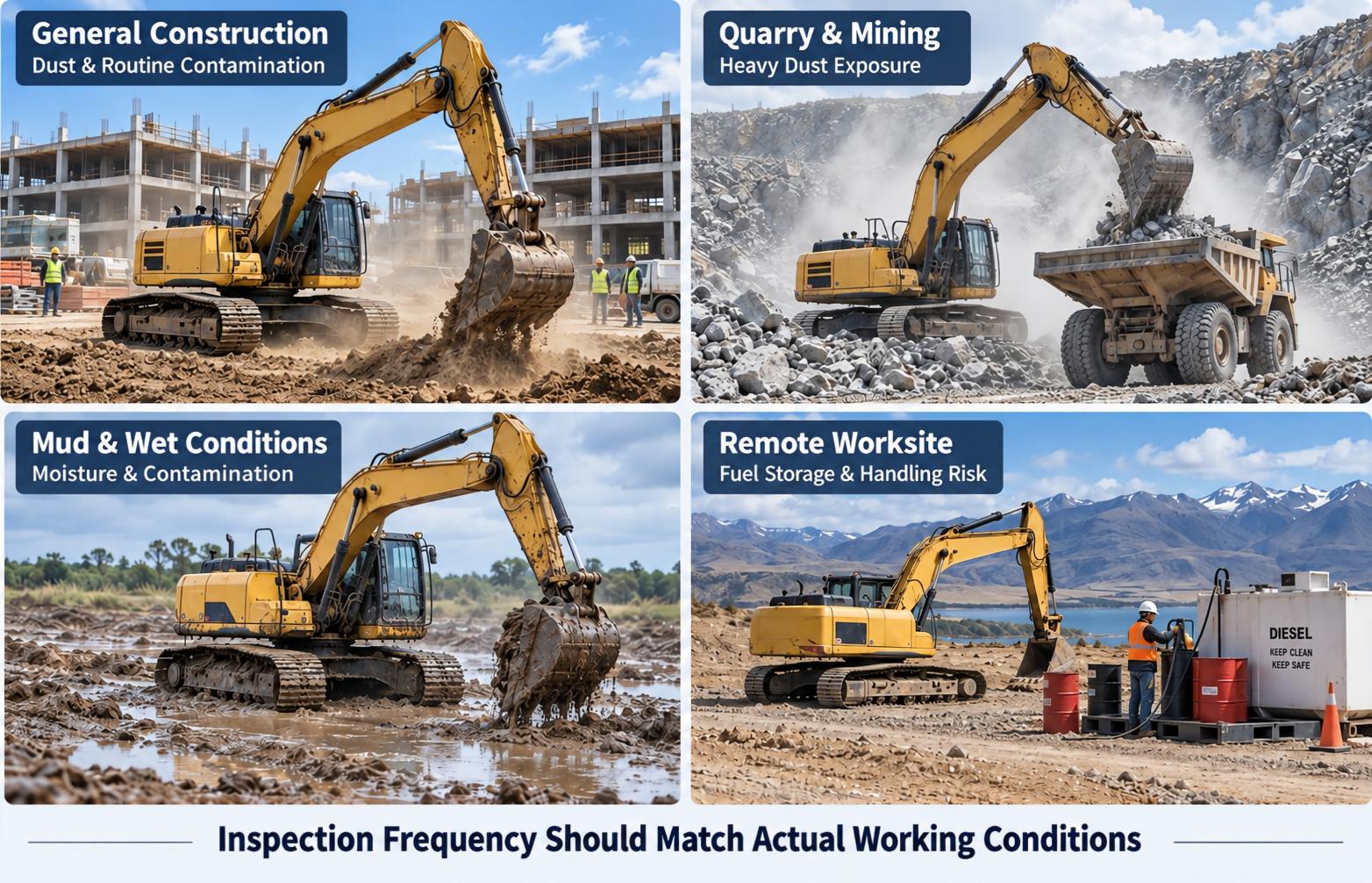 Excavator filter working conditions in construction quarry mud and remote sites