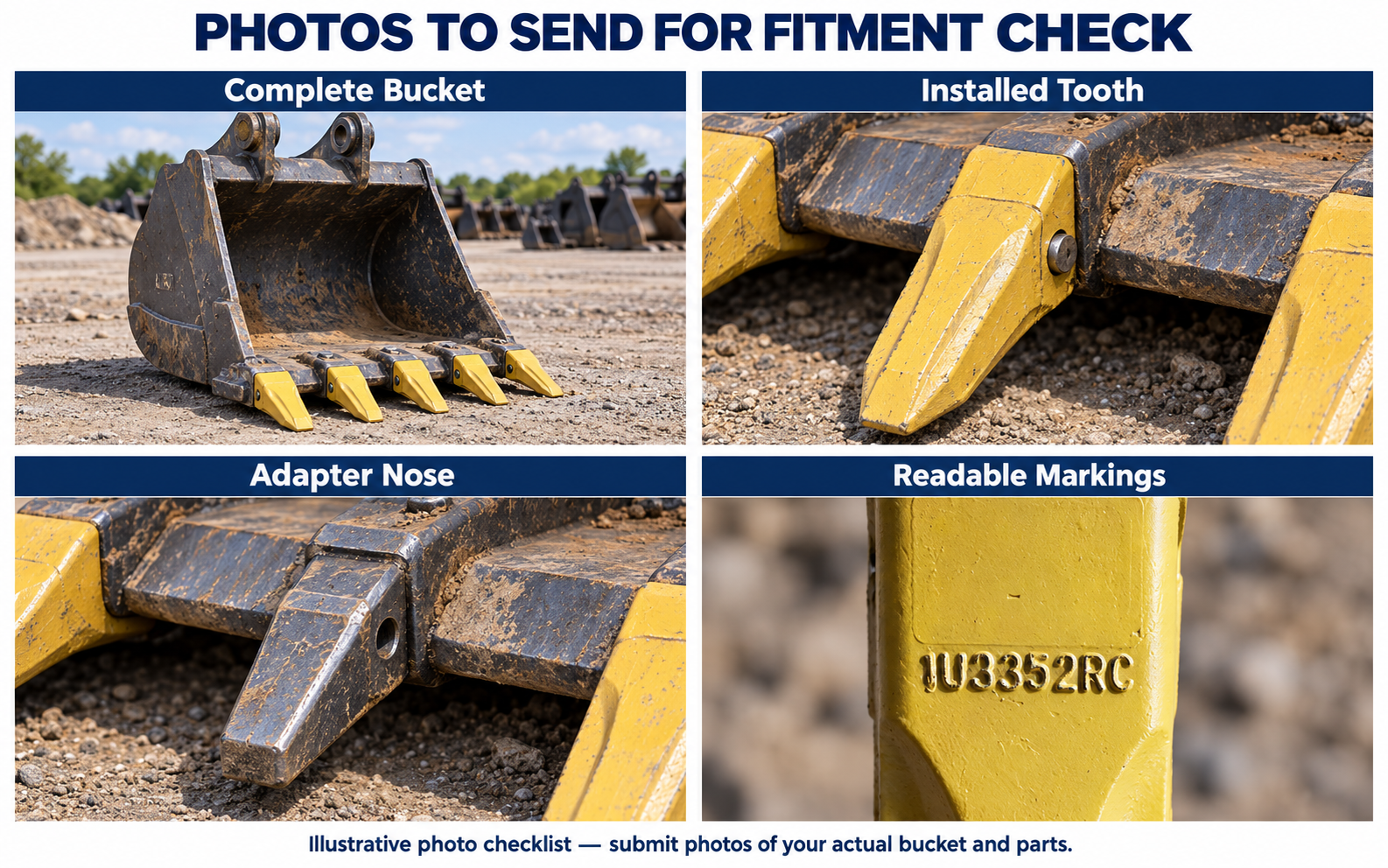 Four photographs needed to check bucket tooth fitment: bucket, installed tooth, adapter nose and markings