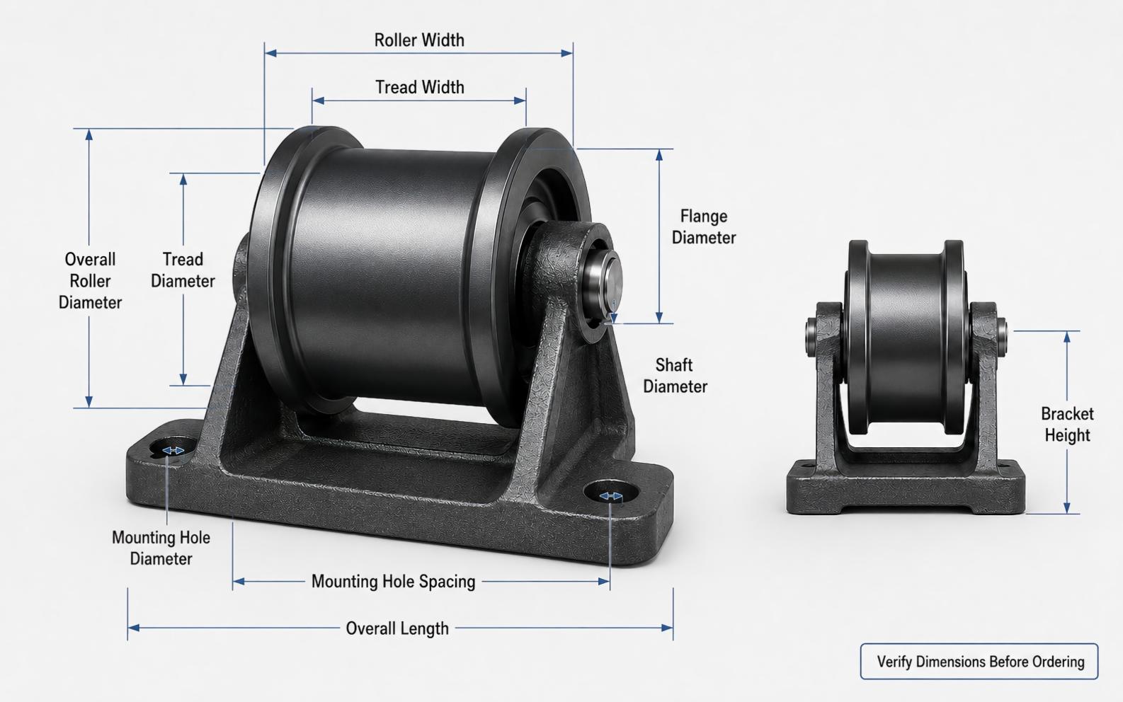 Carrier roller dimensions including diameter width bracket height and mounting hole spacing