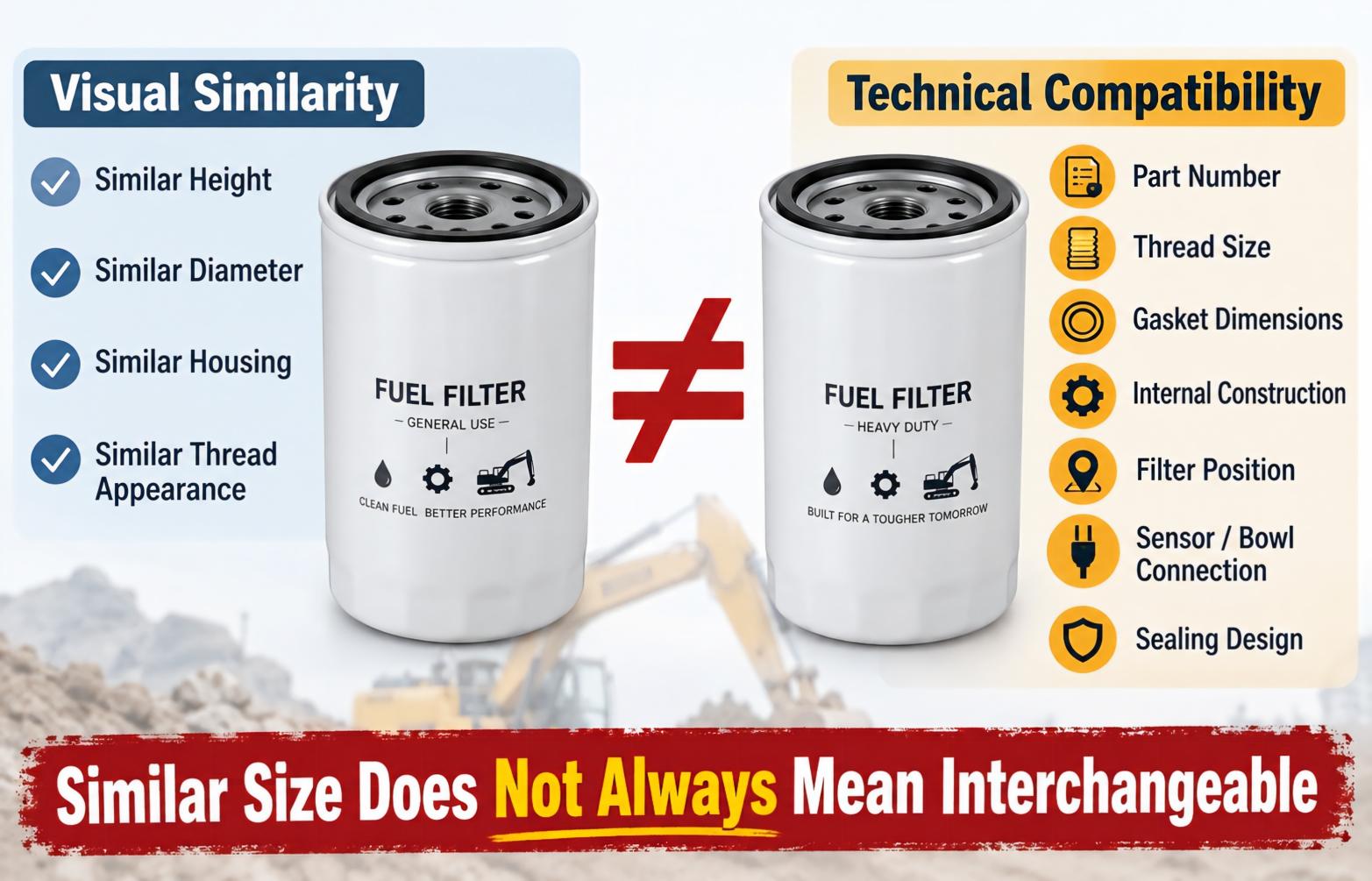 Similar size excavator filters with different technical compatibility