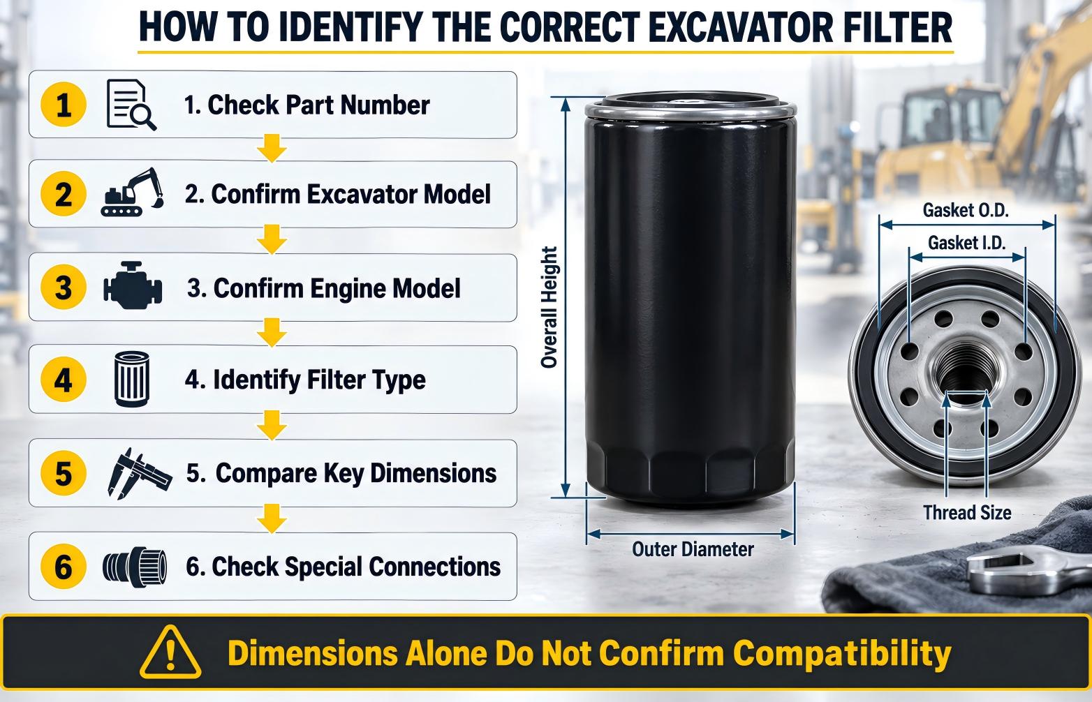 How to identify the correct excavator filter by part number model and dimensions