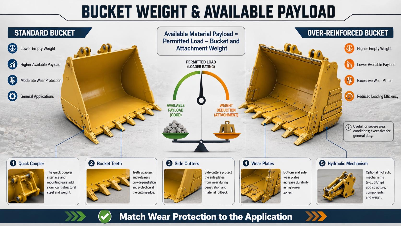 Loader bucket weight compared with available material payload