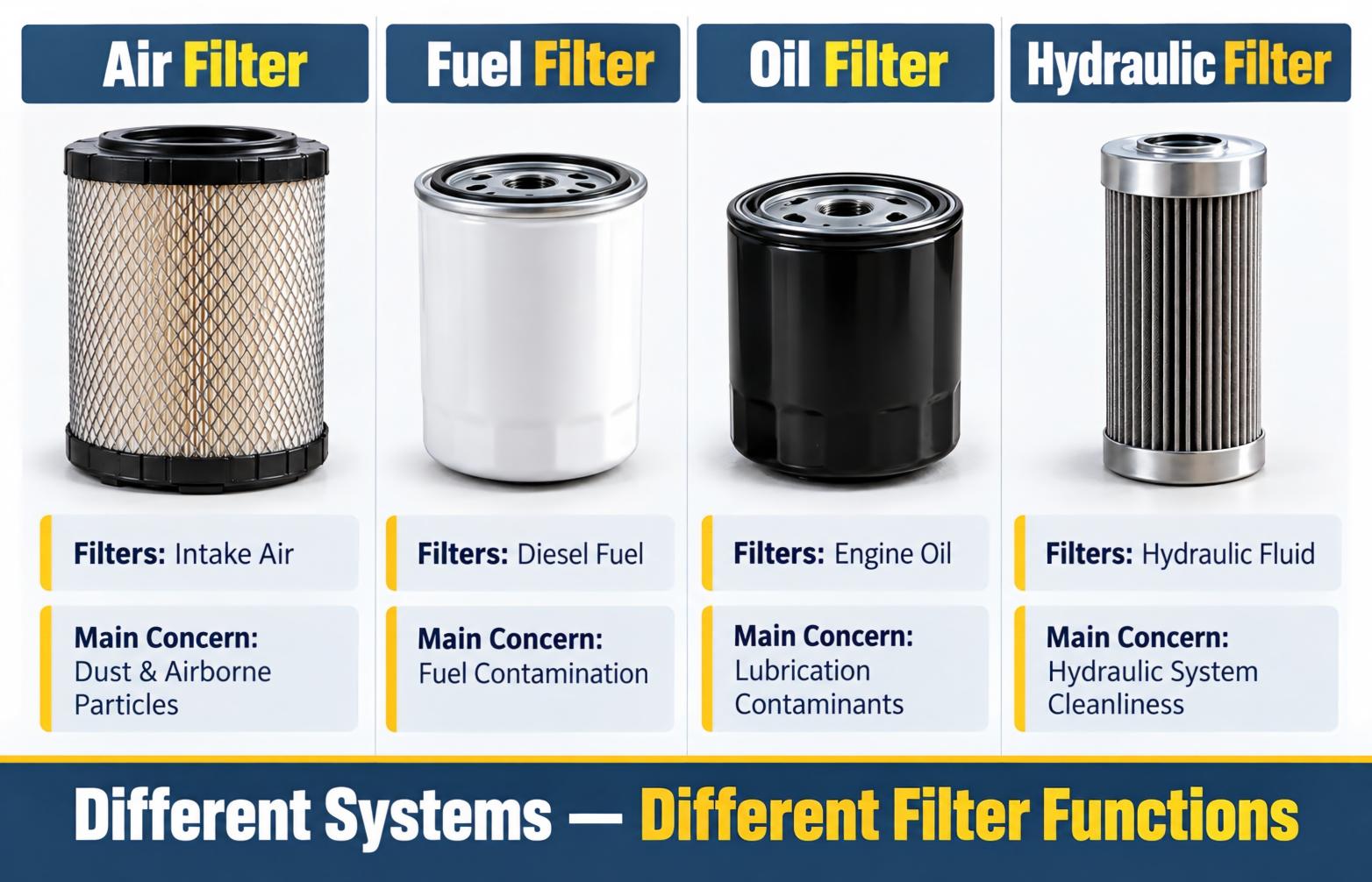 Comparison of excavator air fuel oil and hydraulic filter types