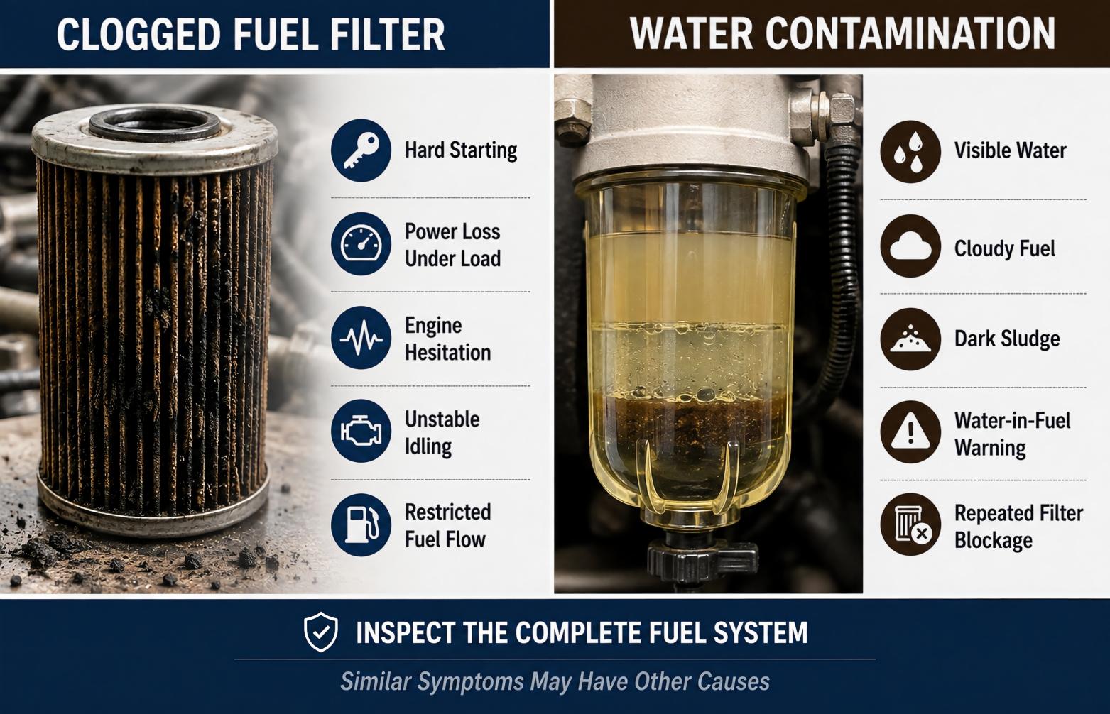 Clogged excavator fuel filter and water contamination warning signs