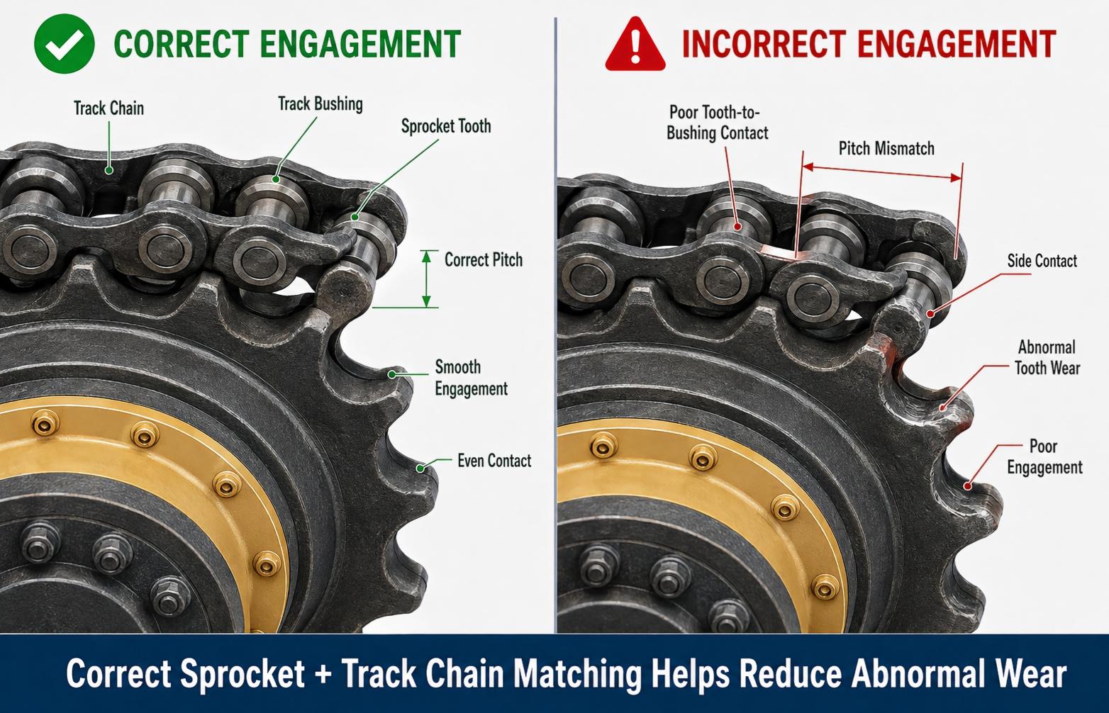 Correct excavator drive sprocket and track chain engagement