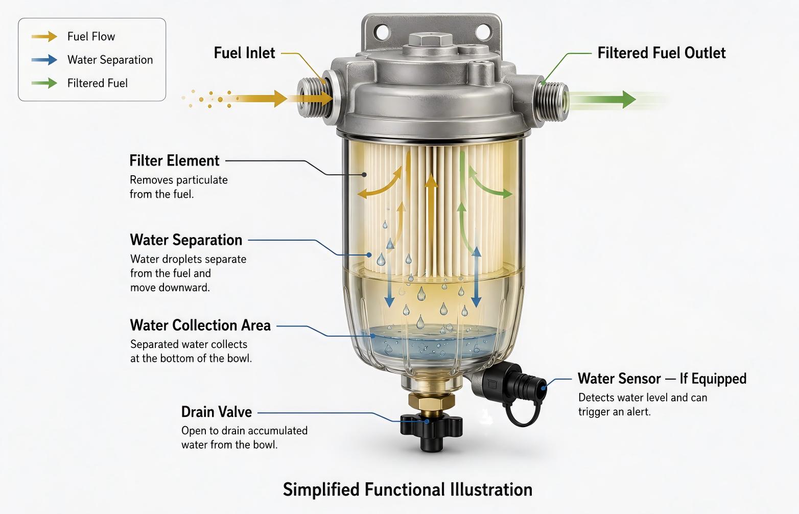 Excavator fuel water separator working principle and collection bowl