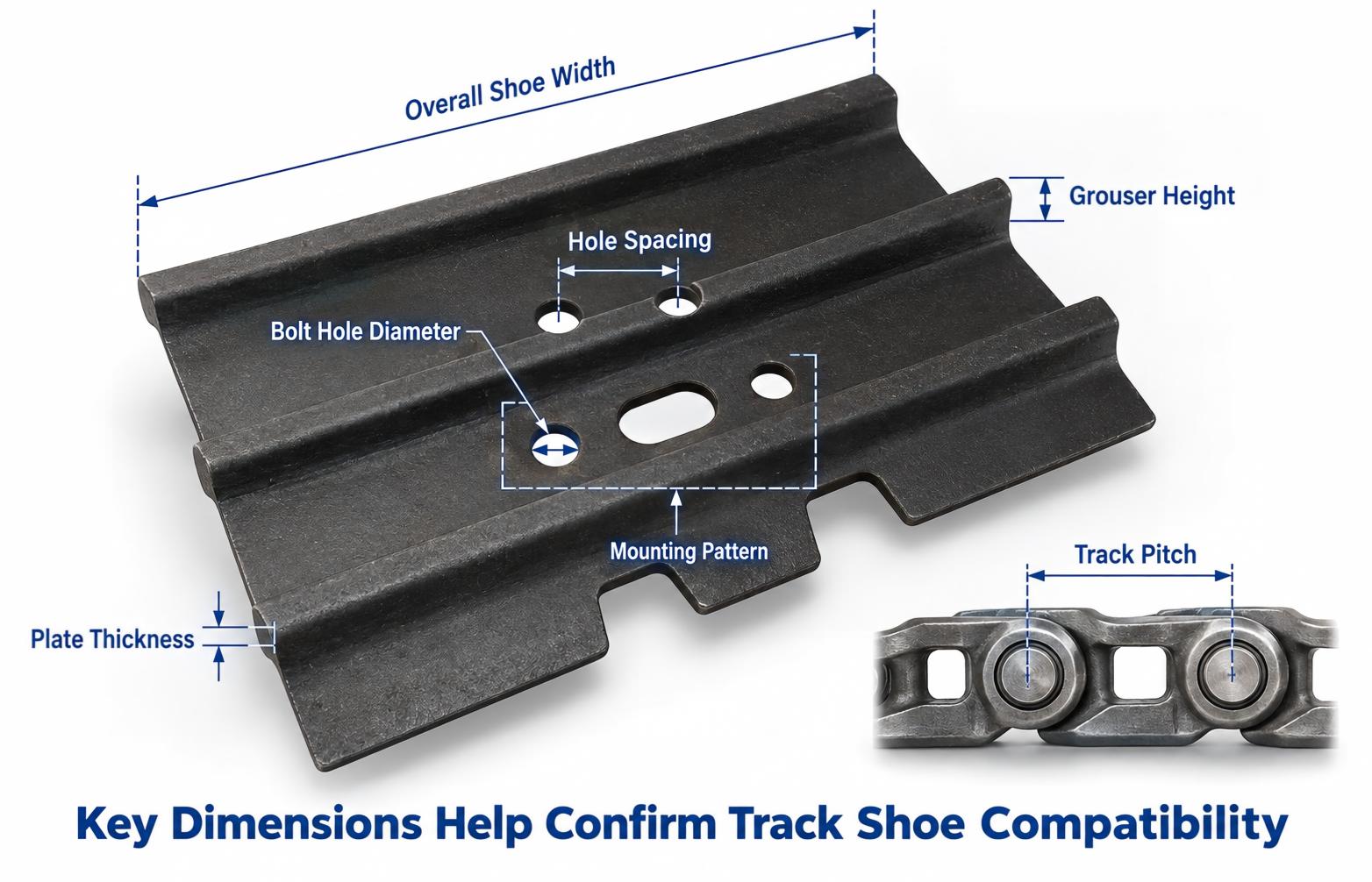  Track shoe key dimensions including width grouser height plate thickness and bolt holes