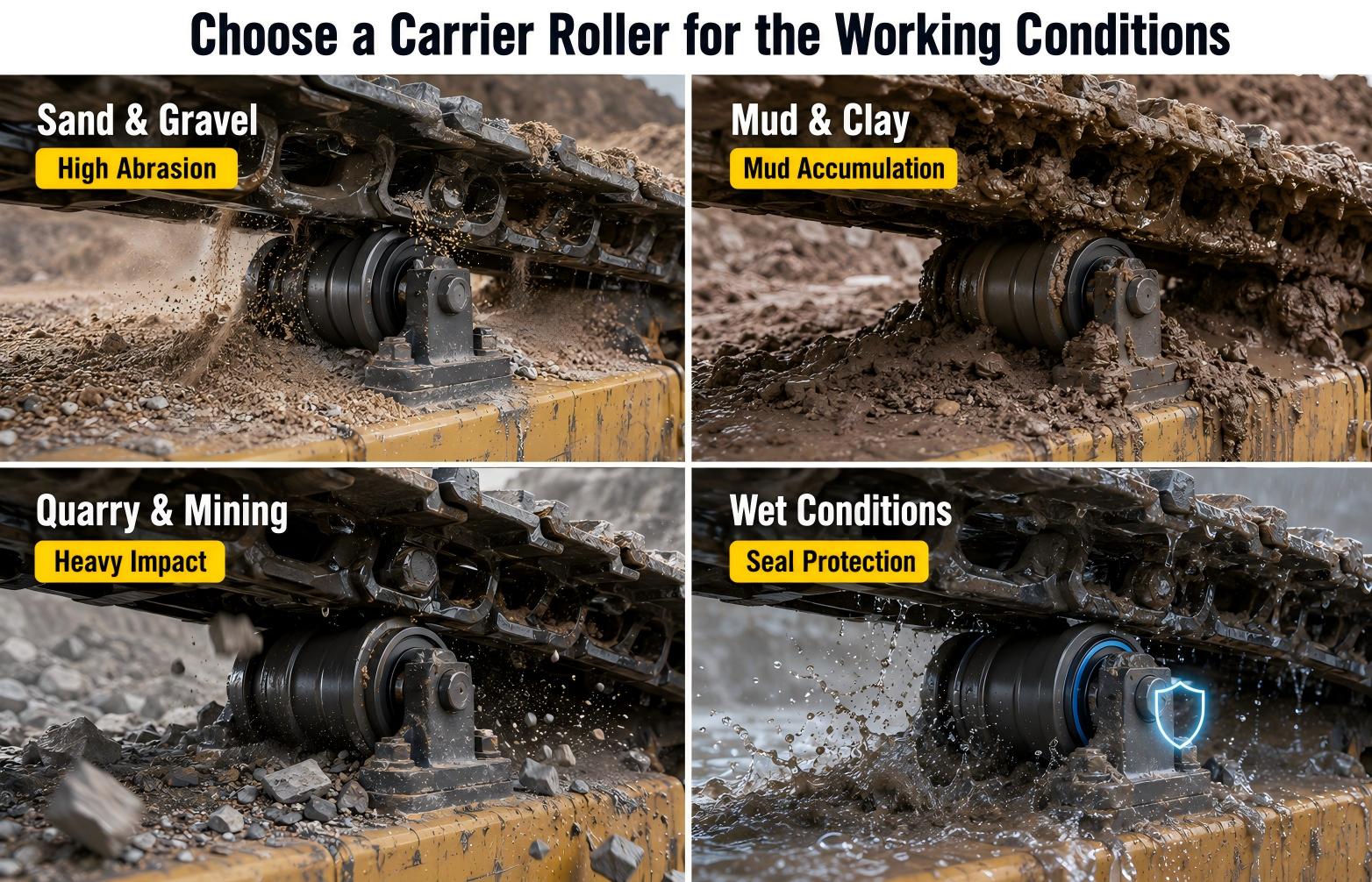 Carrier roller selection for sand mud quarry mining and wet working conditions