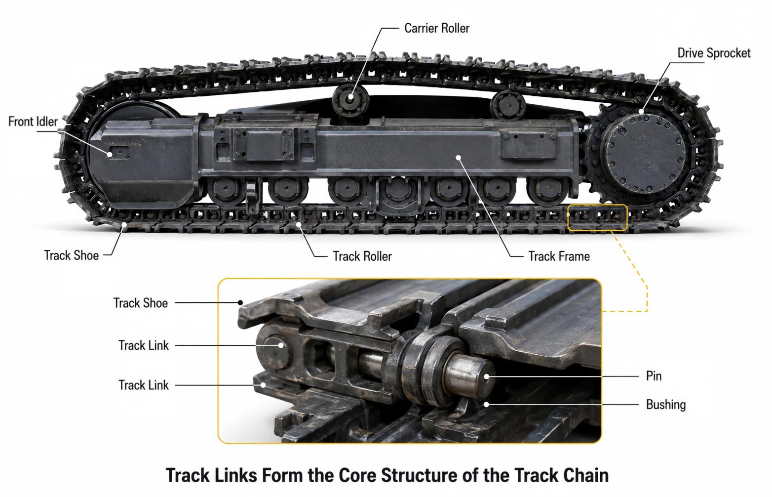 Excavator track link pin bushing and track shoe components