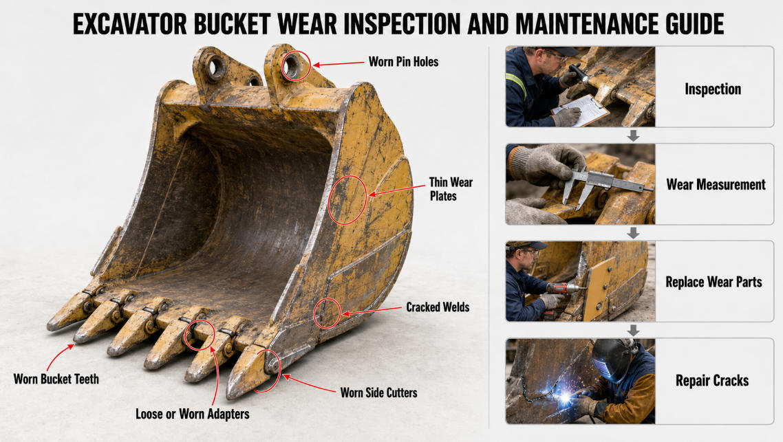 Excavator bucket wear inspection guide for teeth, adapters, side cutters and welds