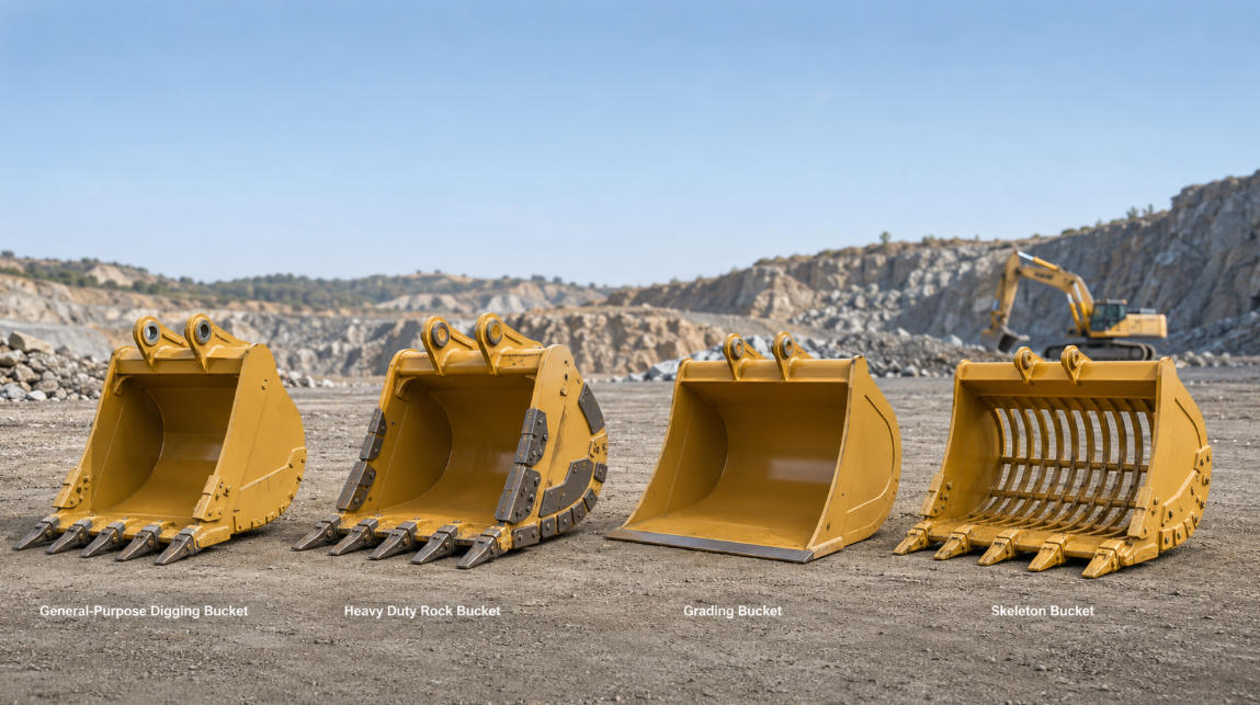 Different types of excavator buckets for digging, rock, grading and material screening