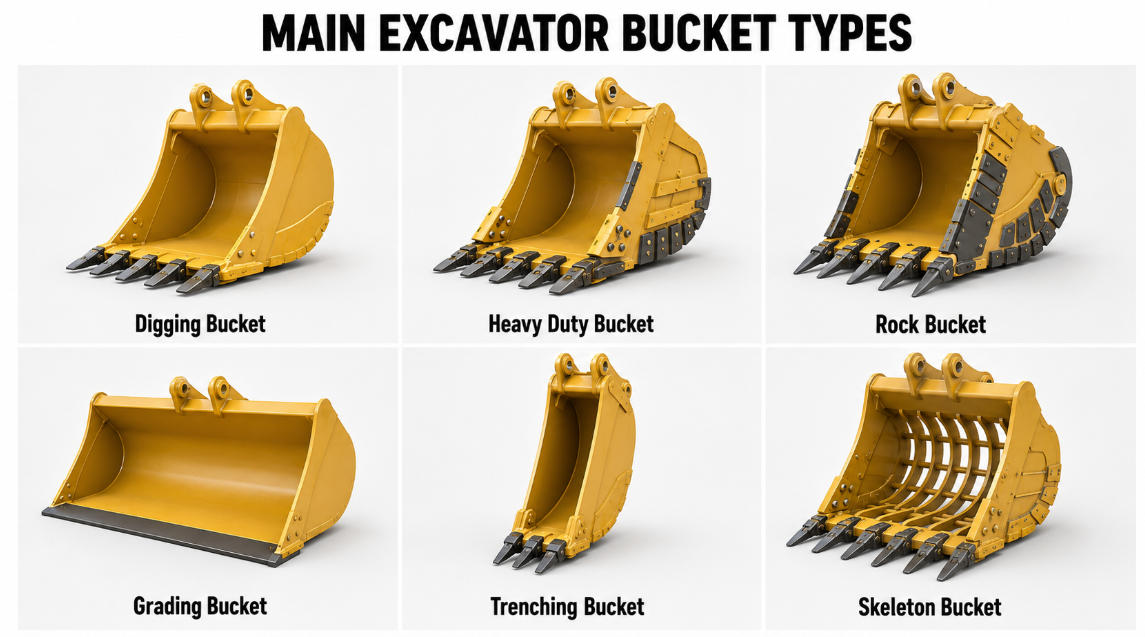 Main excavator bucket types including digging, heavy duty, rock, grading, trenching and skeleton buckets