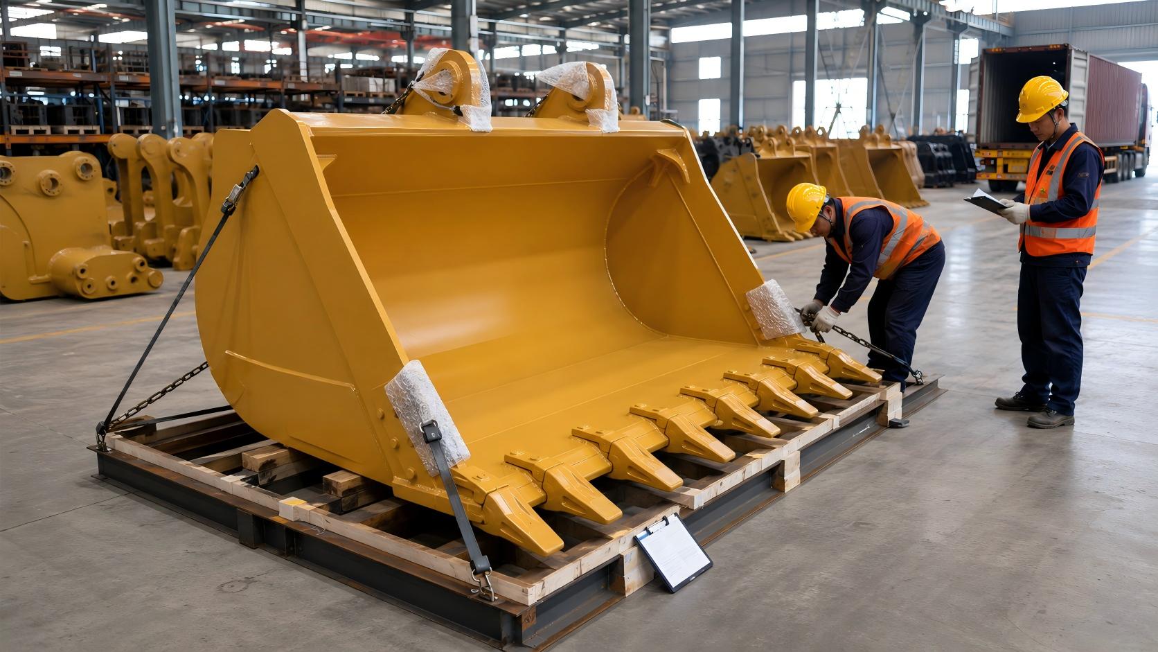 Heavy-duty loader bucket secured on an export pallet for final inspection in a factory warehouse