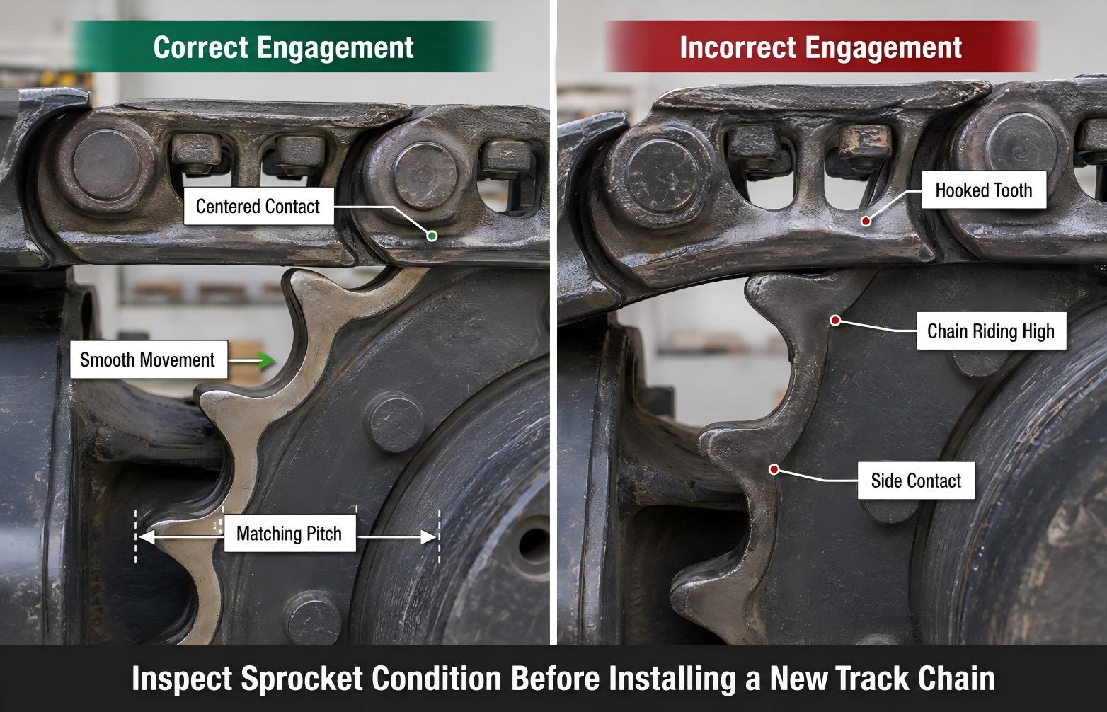 Correct and incorrect excavator track link sprocket engagement
