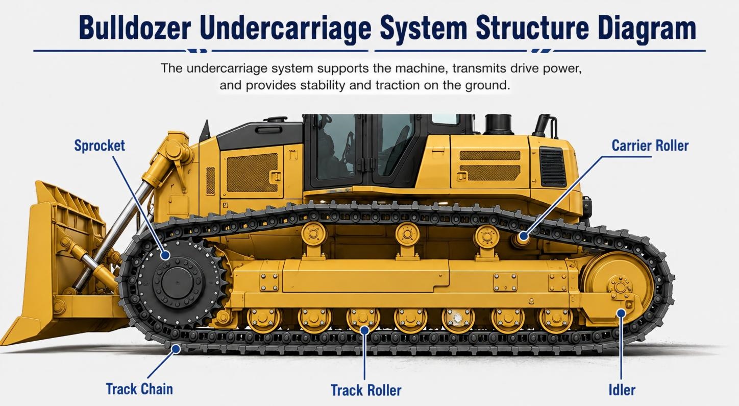 Bulldozer undercarriage system showing sprocket and track components