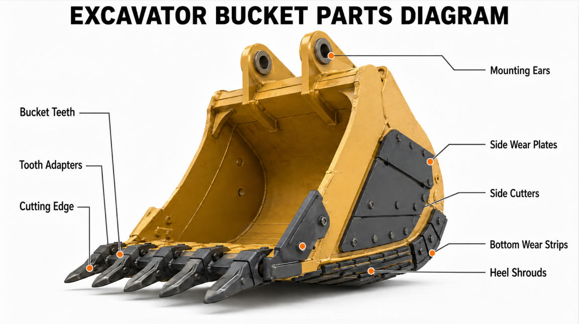 Excavator bucket parts diagram showing teeth, adapters, side cutters and wear protection